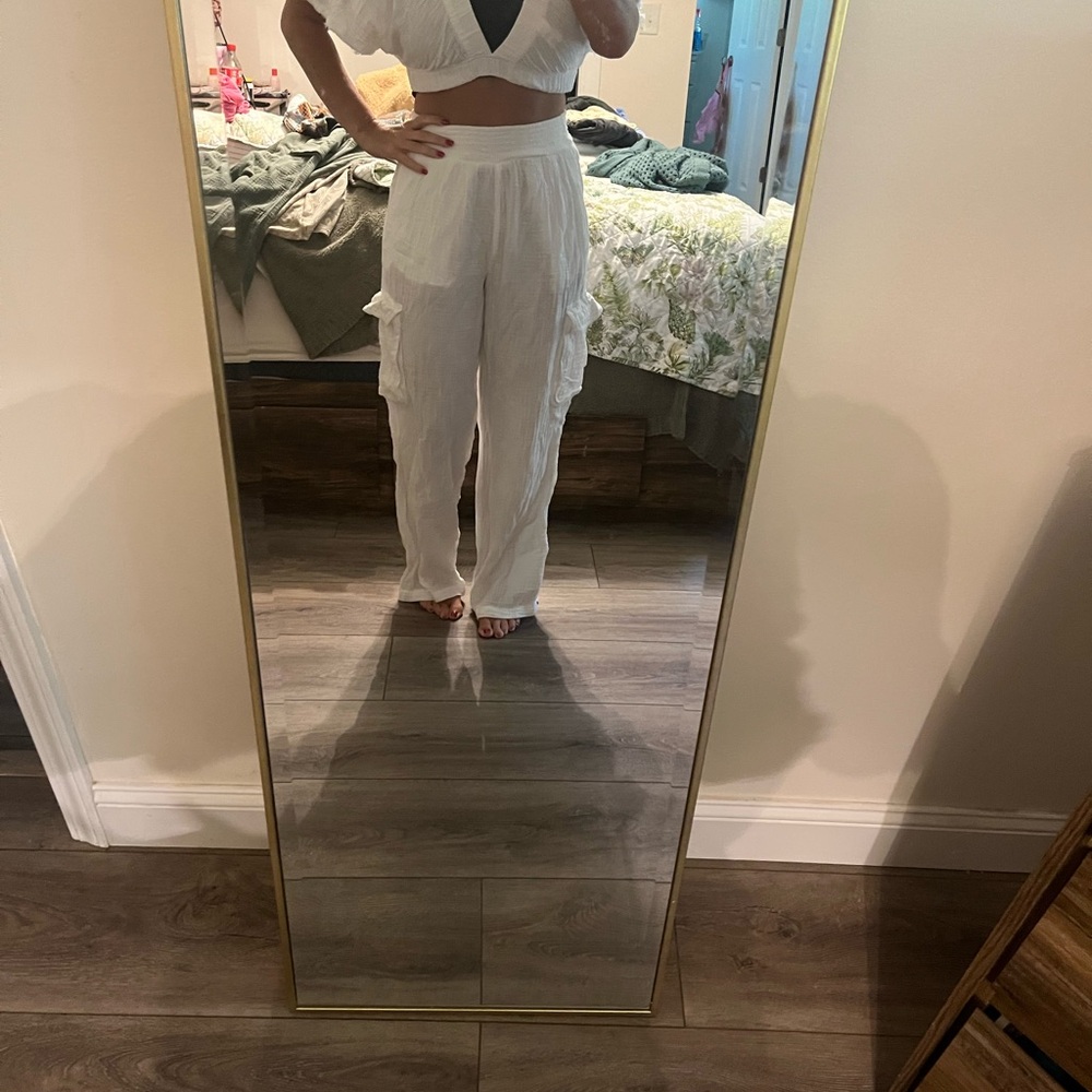 Aerie White Wide Leg Ruffle Pants